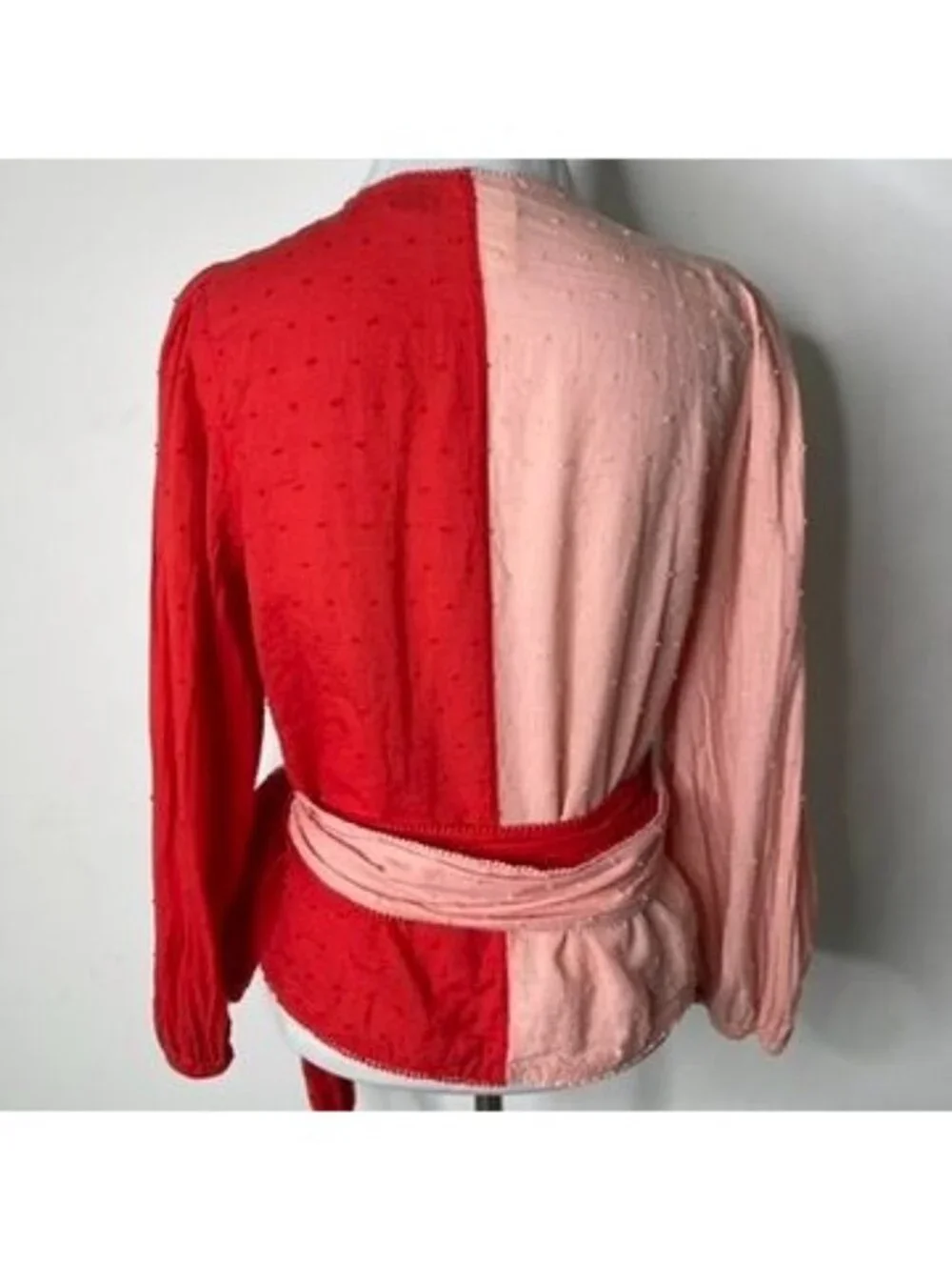FARM RIO for Anthropologie Colorblock Wrap Blouse Pink Red Swiss Dot Size M